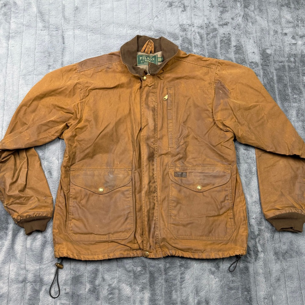 Filson Tin Cloth Field Jacket Mens L Brown Waxed Cotton Wool Lined Made in USA
